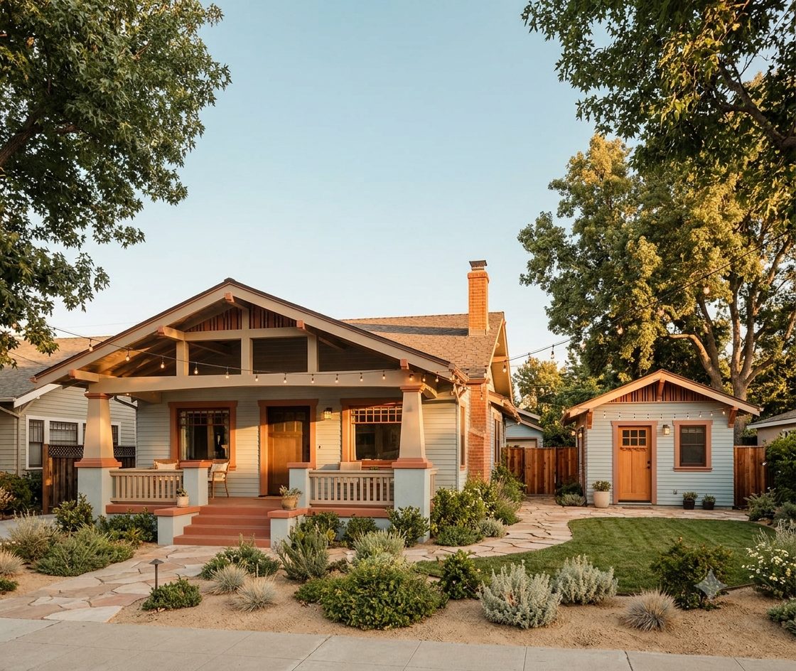 Craftsman home with a newly built backyard ADU at golden hour
