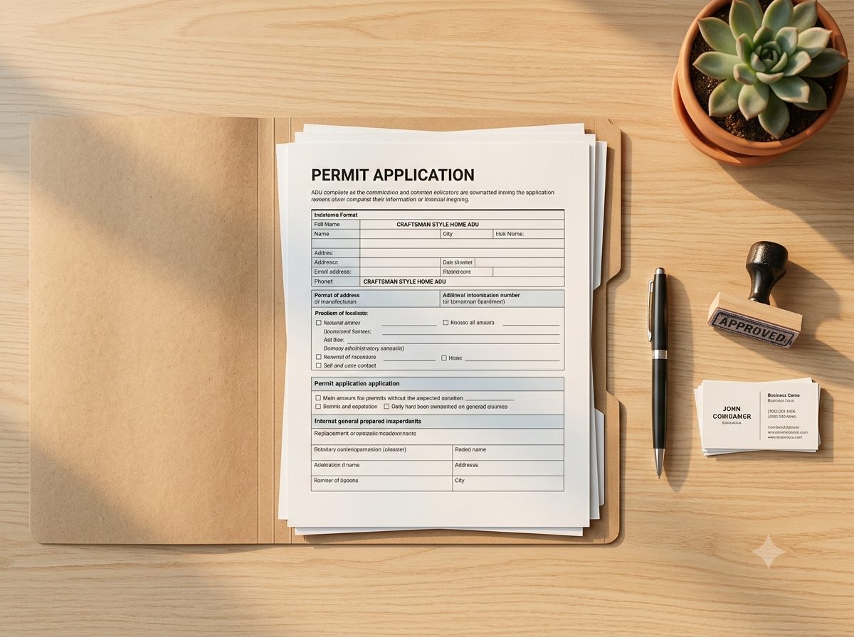 Completed permit application package in a folder with an approved stamp