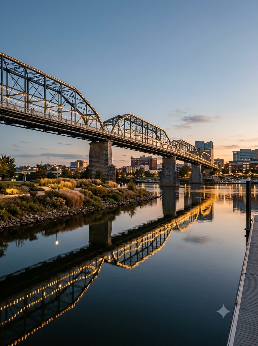 Chattanooga riverfront and the Walnut Street Bridge at dusk