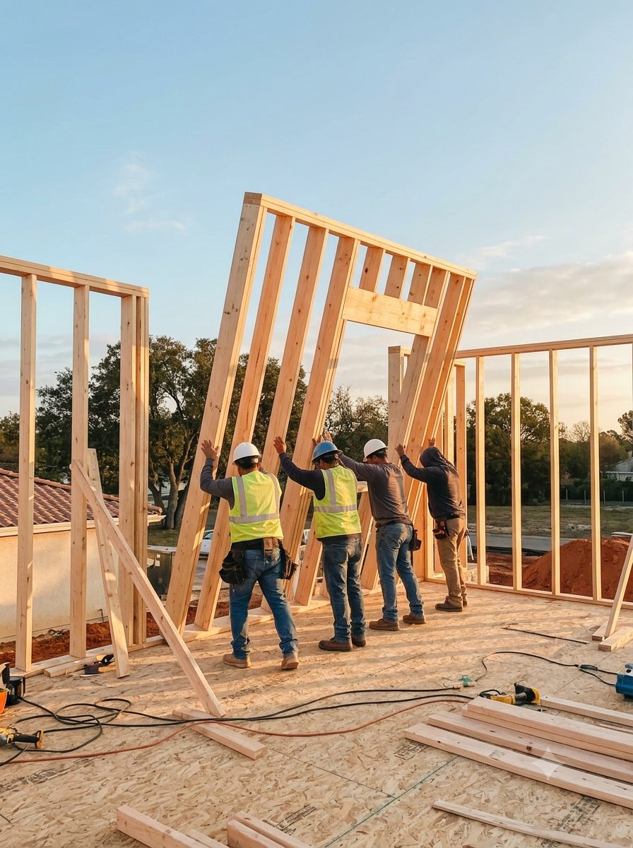 Framing crew raising a wooden wall on a residential build site